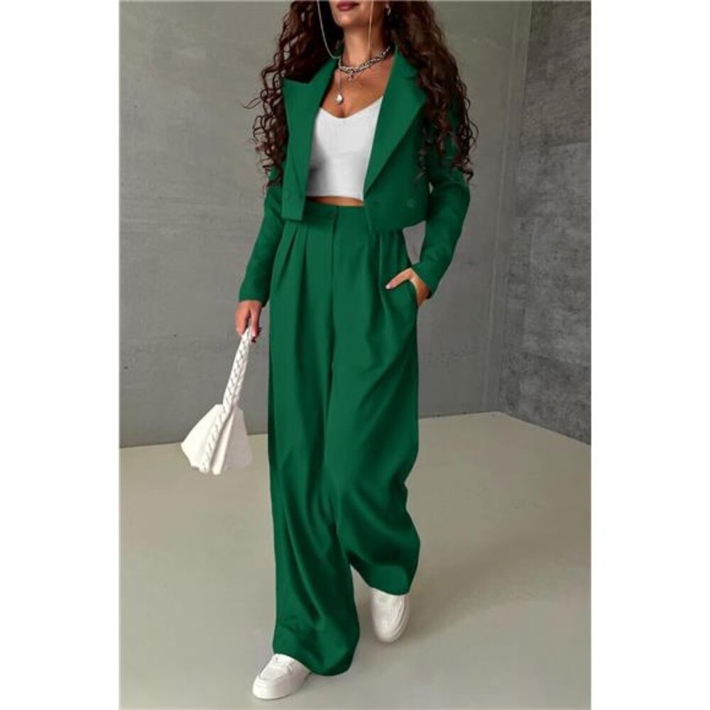Women's 2 Piece Casual Outfits Cropped Blazer Jackets High Waisted - Picture 4 of 7